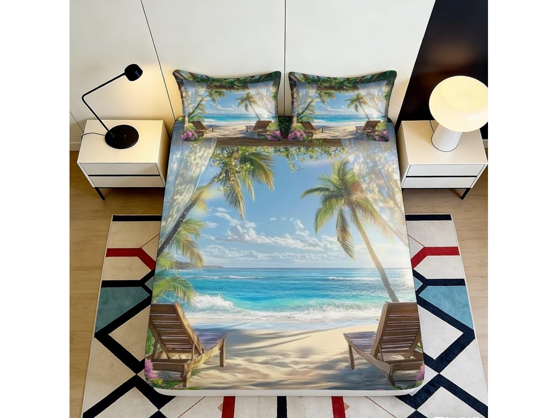 Conjunto de Cama Praia Paradisíaca Microfibra com Estampa 3d e Fronha 200x25cm S/MARCA