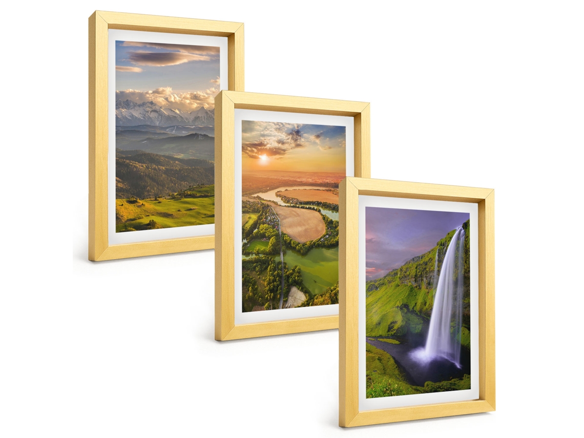 Quadros Decorativos Para Parederios De Montanha, Cachoeiras, Natureza Moldura Dourada Quadros Para O Escritório Espelharte (3 Peças 20x30 Cm)