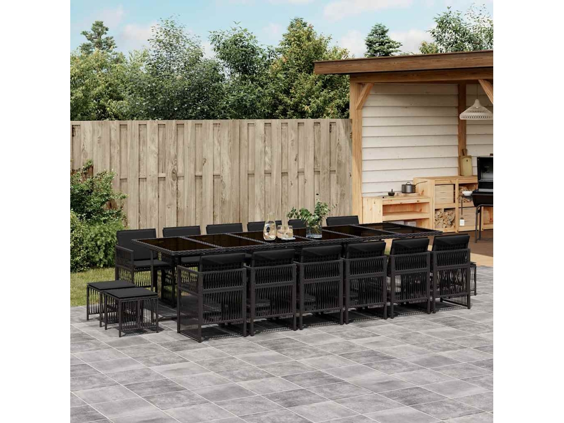Vidaxl 17 Pcs Conjunto De Jantar P/ Jardim C/ Almofadões Vime Pe Preto