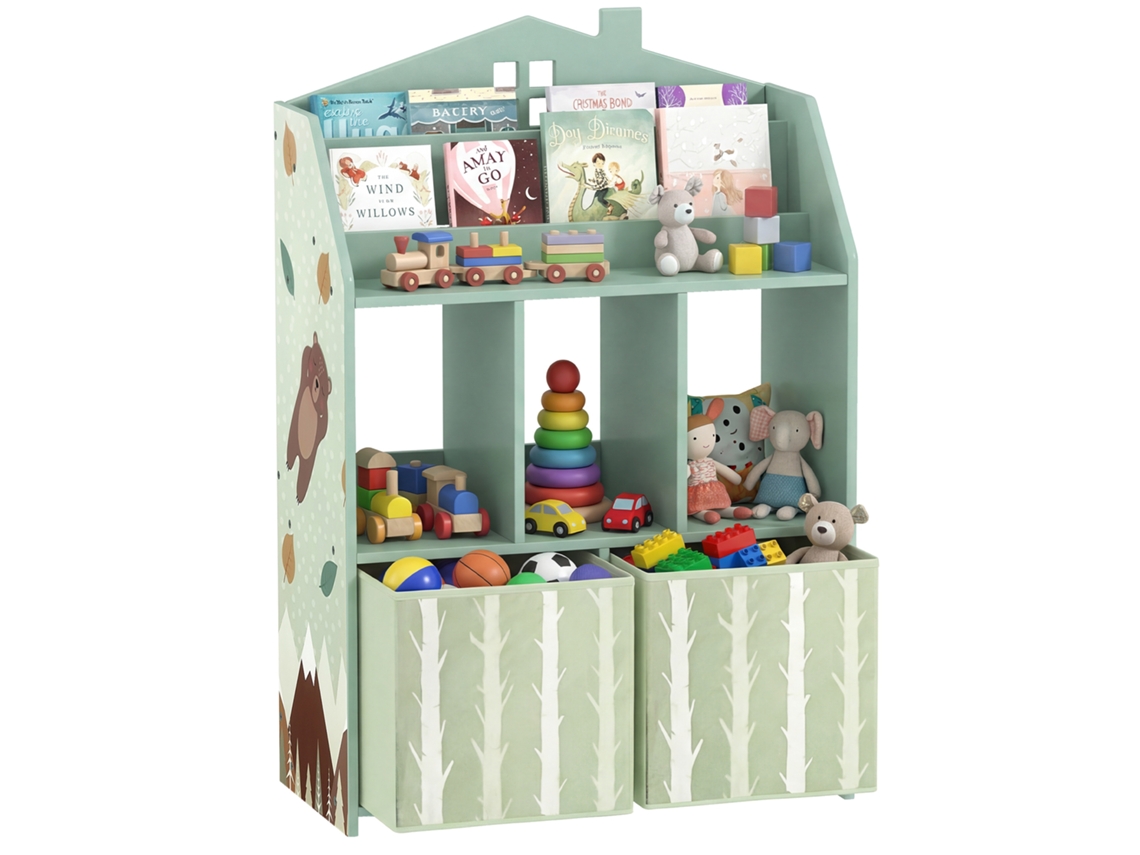 Estante Infantil BTFORUS, prateleiras e 2 gavetas, verde