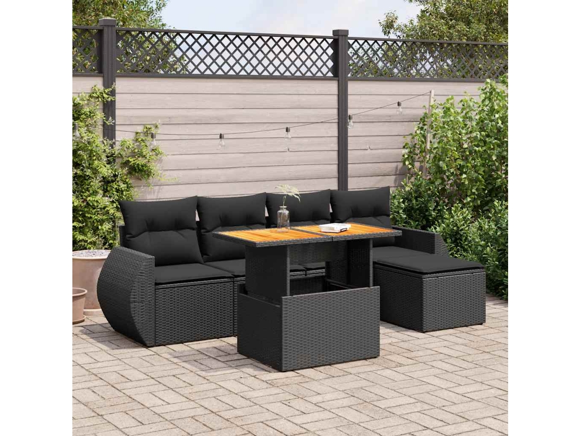 Vidaxl 6 Pcs Conjunto Sofás De Jardim C/ Almofadões Vime Pe Preto