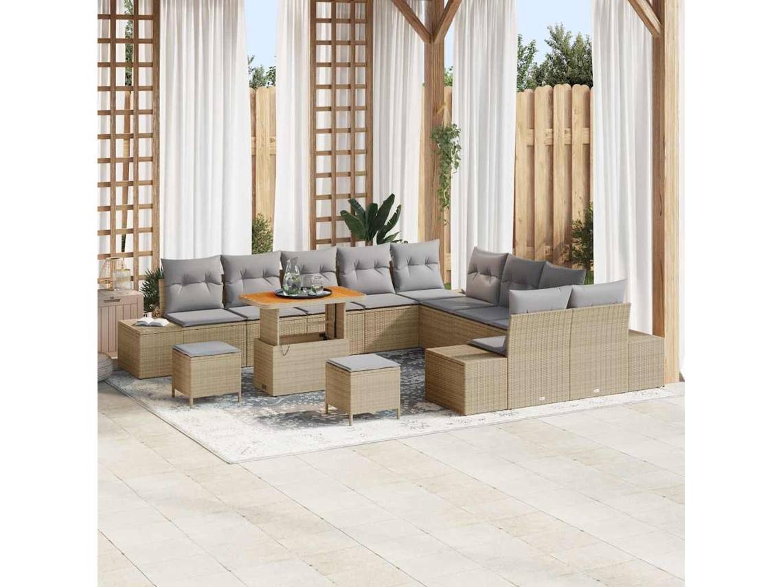 Vidaxl Conjunto de Sofá de Jardim com Almofada 13 Pcs Bege Vime Pe