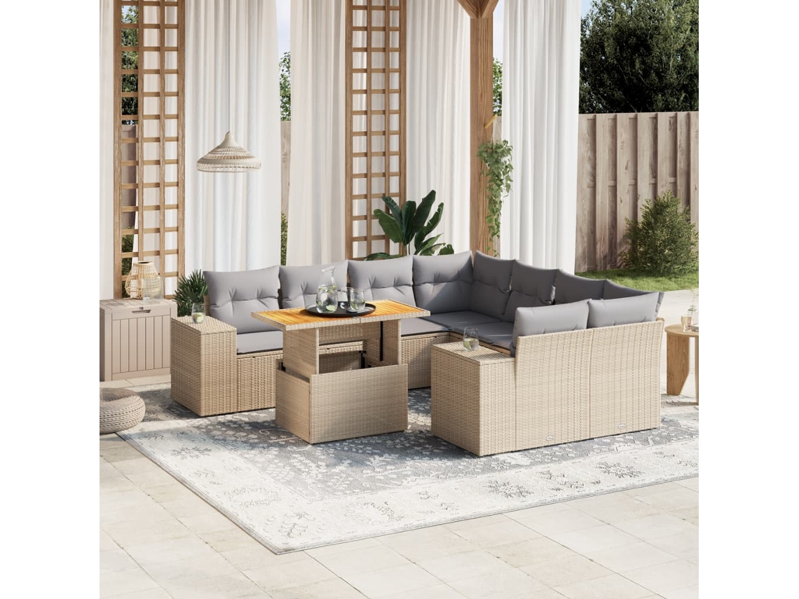 Vidaxl 9 Pcs Conjunto De Sofás P/ Jardim Com Almofadões Vime Pe Bege