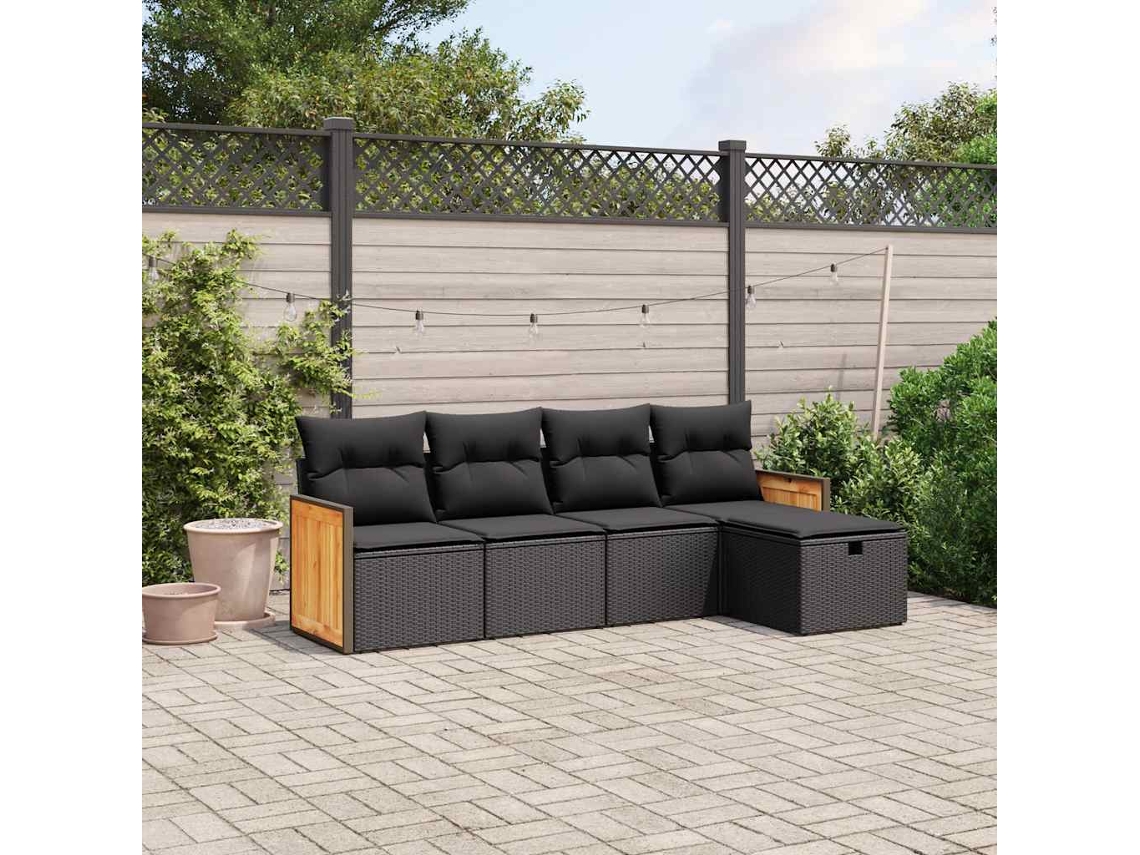 Vidaxl 5 Pcs Conjunto Sofás De Jardim Com Almofadões Vime Pe Preto