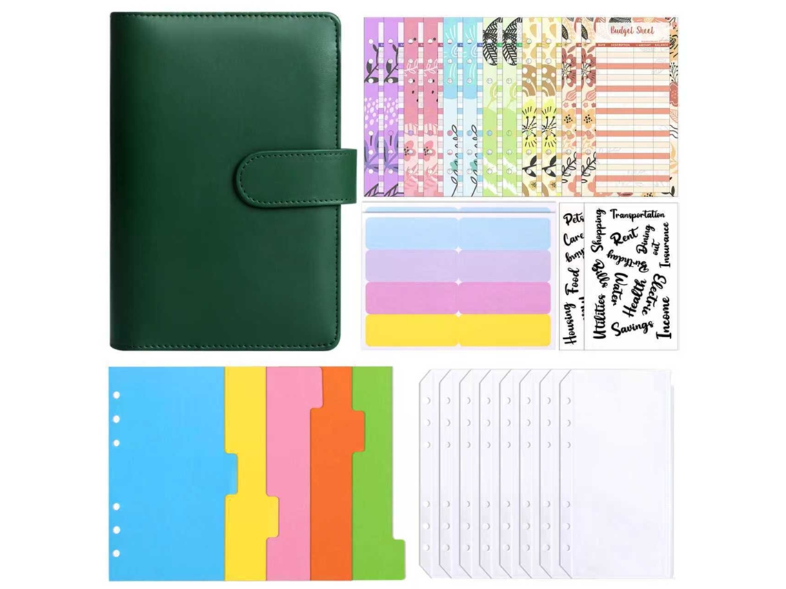 A6 Pu Leather Binder Cover For Home Planning, Dark Green, Includes 8-bill Pockets, 12-cash Budget Cards, 3-stickers