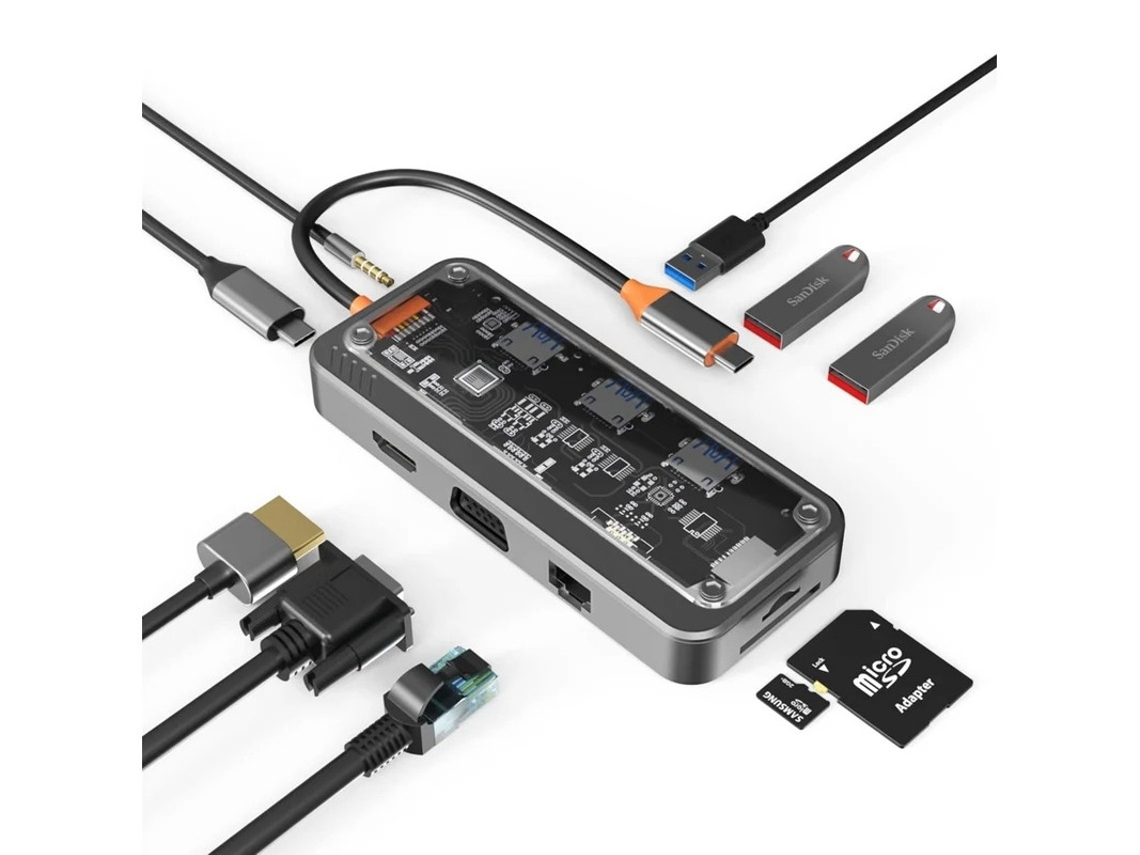 Dongle Usb C Hub, Estação De Encaixe Adaptadora Usb C 10 Em 1 Com Hdmi 4k, Vga, Pd Tipo C, Usb3.0, Ethernet Rj45, Leitor De Cartão Sd/tf, Yizhood
