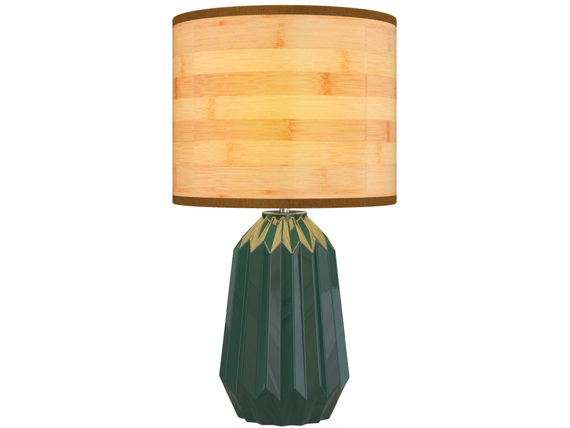 Abajur de Mesa Cerâmica e Linho Retrô (40w, Verde e Madeira Natural)