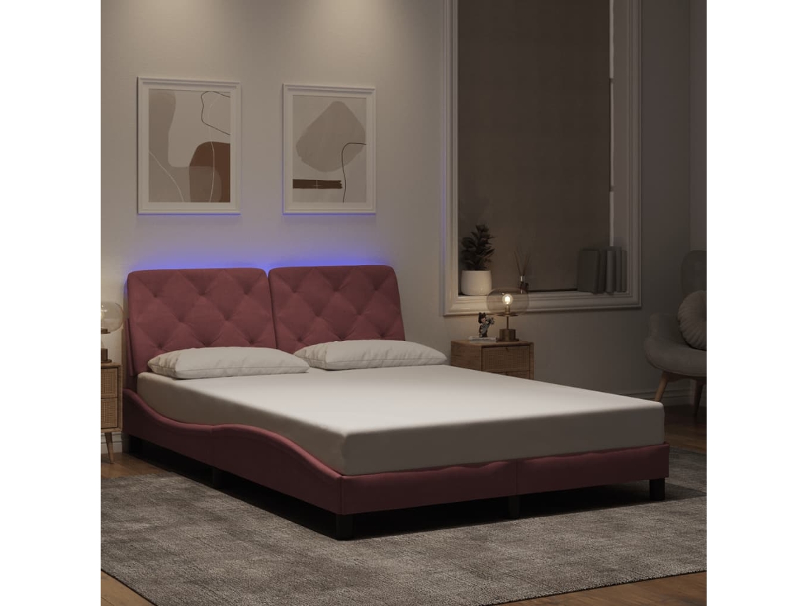 Vidaxl Estrutura De Cama Com Led Sem Colchão 120x200 Cm Veludo Rosa