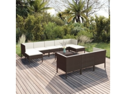 Vidaxl 11 Pcs Conjunto Lounge Jardim C/ Almofadões Vime Pe Castanho