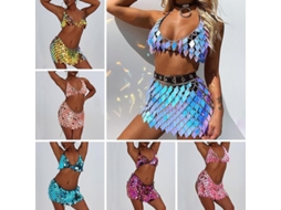 Conjunto 2026 com colar, body e franjas sequenciais, sutiã, saia e biquíni azul para festa, rave e balada (Fkv)