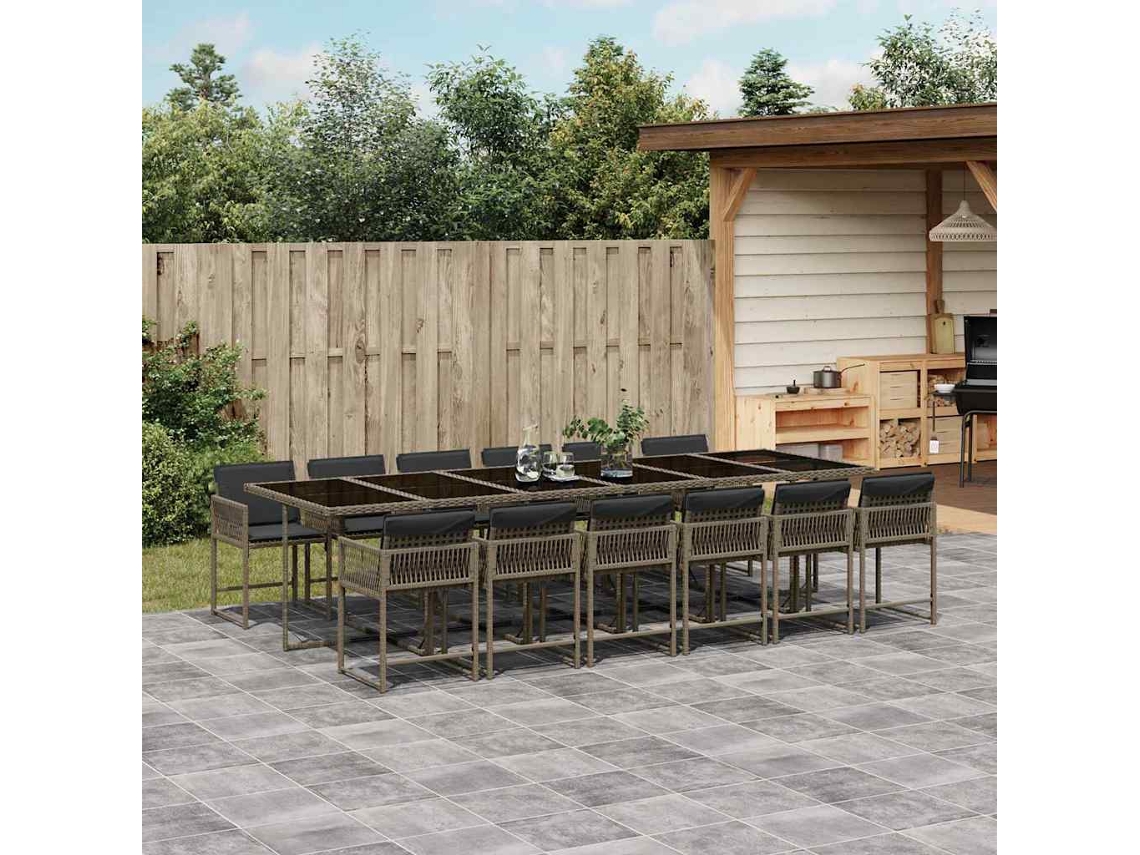 Conjunto 13 Peças Jantar P/ Jardim C/ Almofadões Vime Pe Cinza Dkd Home Decor