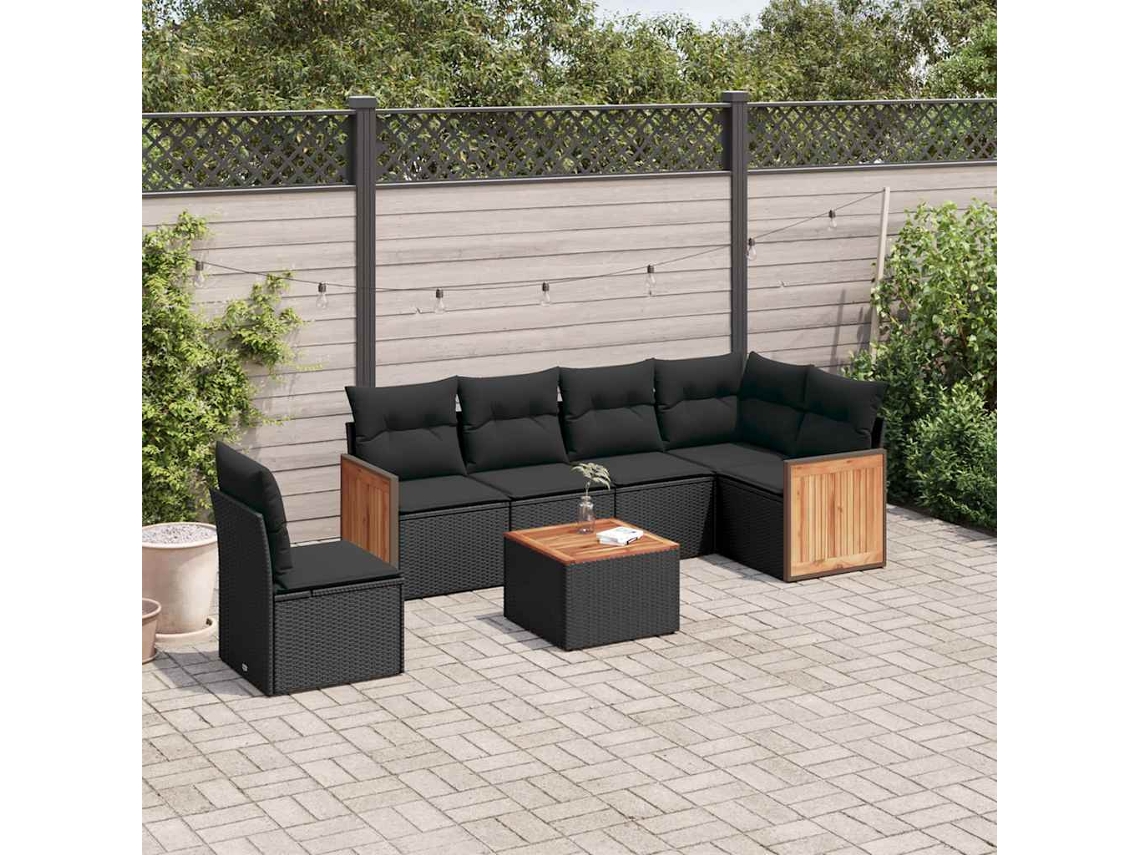 Vidaxl 7 Pcs Conjunto De Sofás P/ Jardim C/ Almofadões Vime Pe Preto