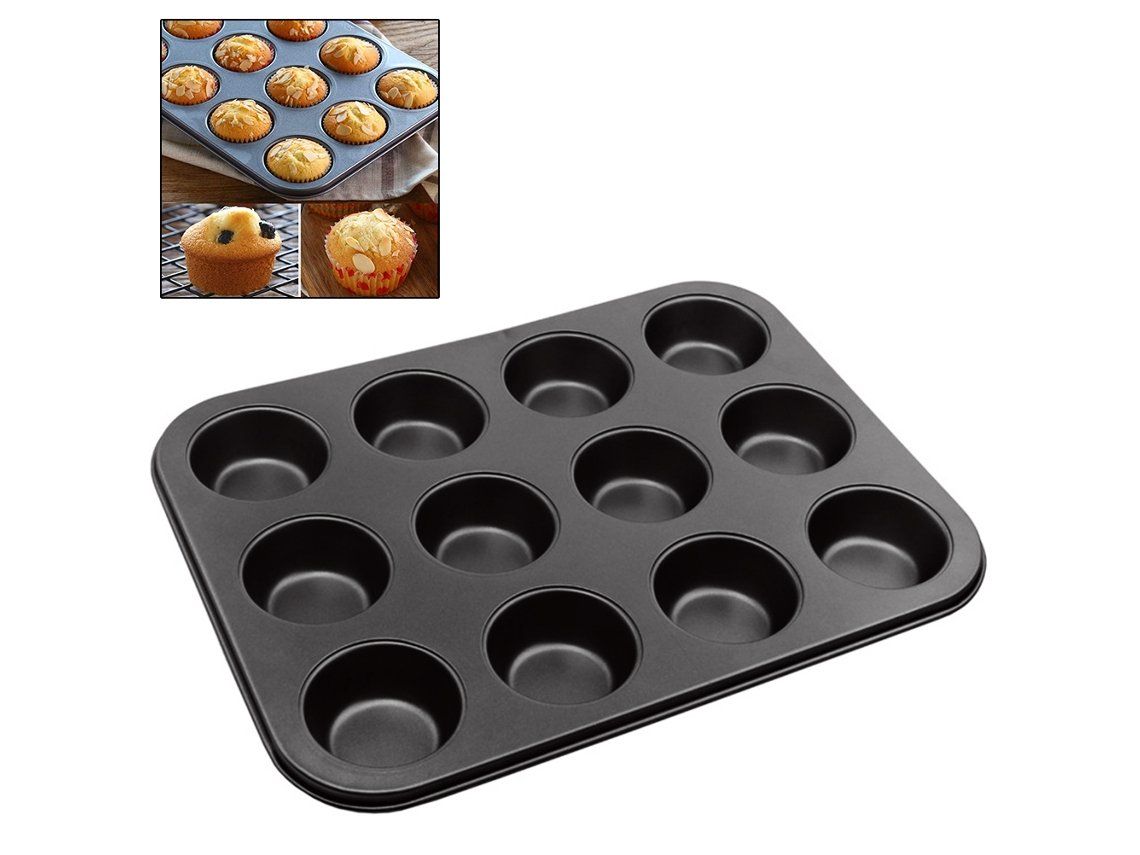 Molde de Bolo Antiaderente 12 Cups para Muffins e Cupcakes em Aço Carbono com Revestimento Teflon