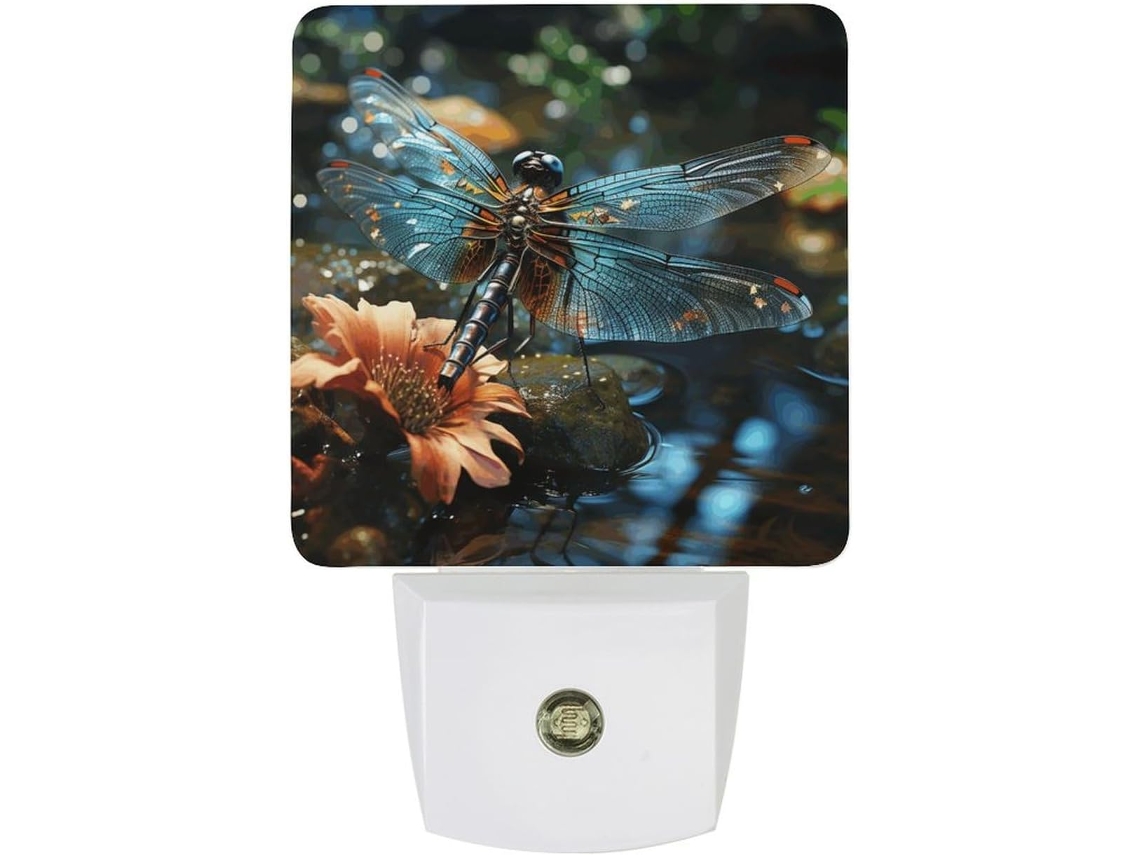 Luminária noturna de LED com libélula voando em um lago, sensor crepuscular, tomada de parede, luz noturna.