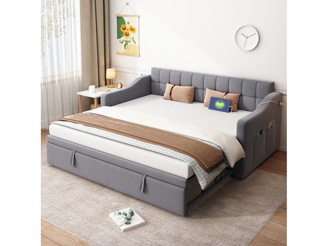 Sofá cama 90/180 Veludo Cinza Tomada Bolsos