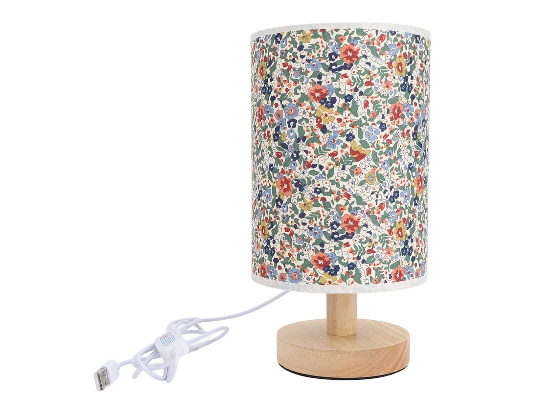 Lâmpada de Mesa de Tecido com Padrão Floral, Madeira, 3 Temperaturas de Cor e Dimmável Contínuo Usb