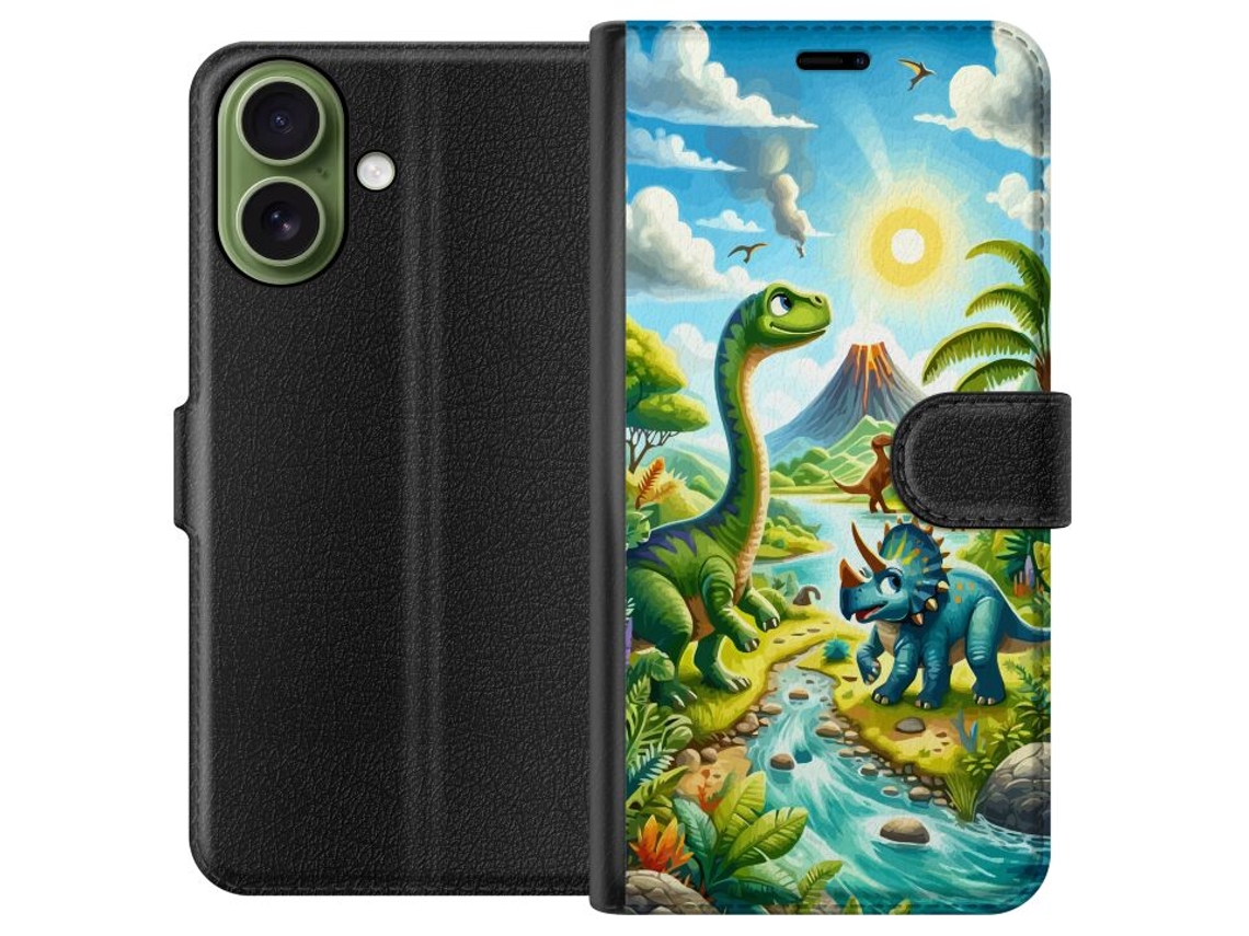 Capa Carteira Compatível Com Apple Iphone 17 Com Estampa De Dinossauros De Desenho Animado À Beira De Um Rio Com Vulcão E Natureza Tropical.