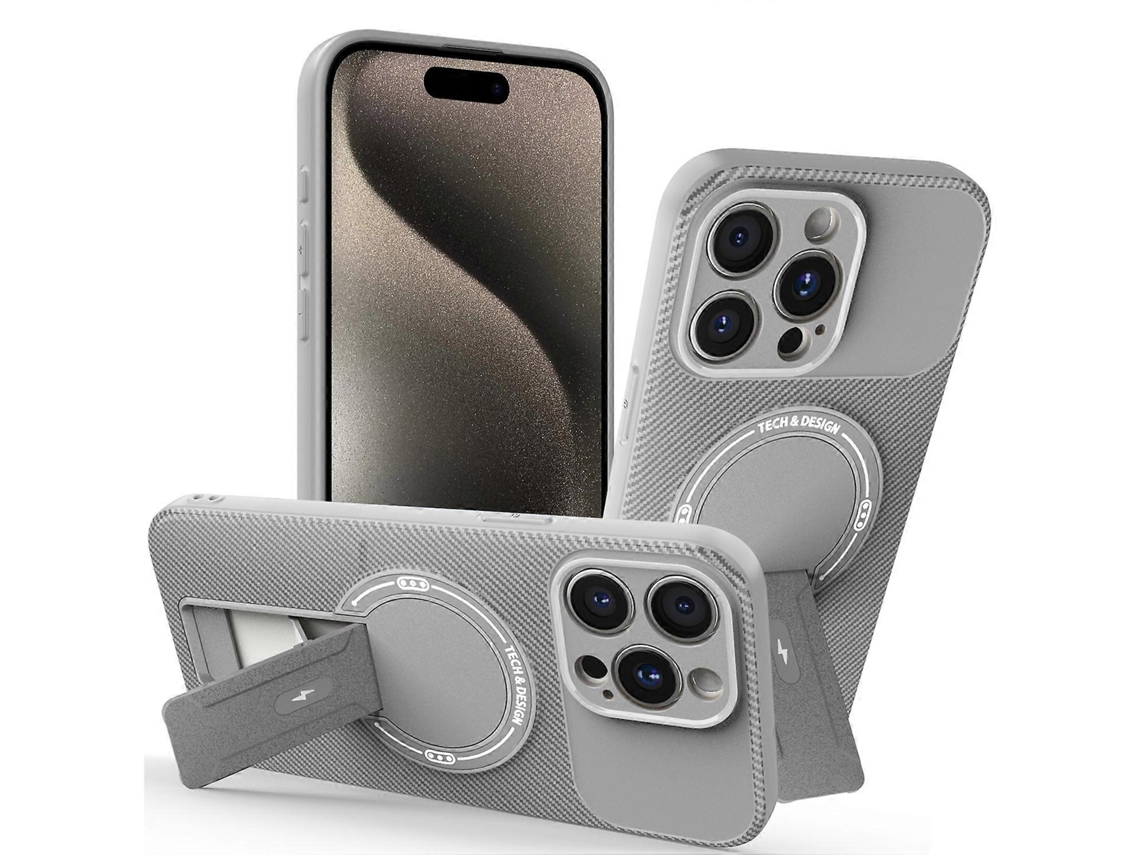 Capa Tkdaddy Para Iphone 15 Pro Max Com Suporte, Textura De Fibra De Carbono, Pc Capa De Tpu Cinza