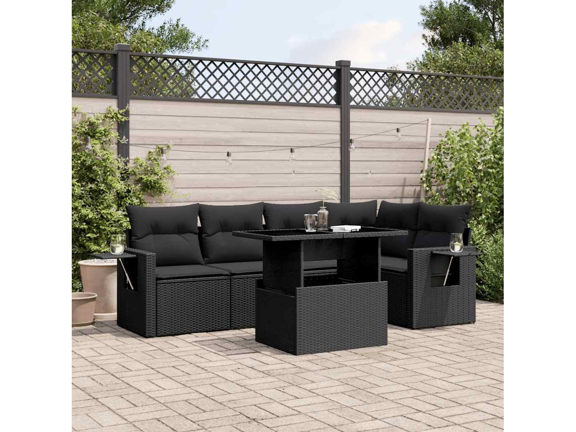 Vidaxl 6 Pcs Conjunto Sofás De Jardim C/ Almofadões Vime Pe Preto