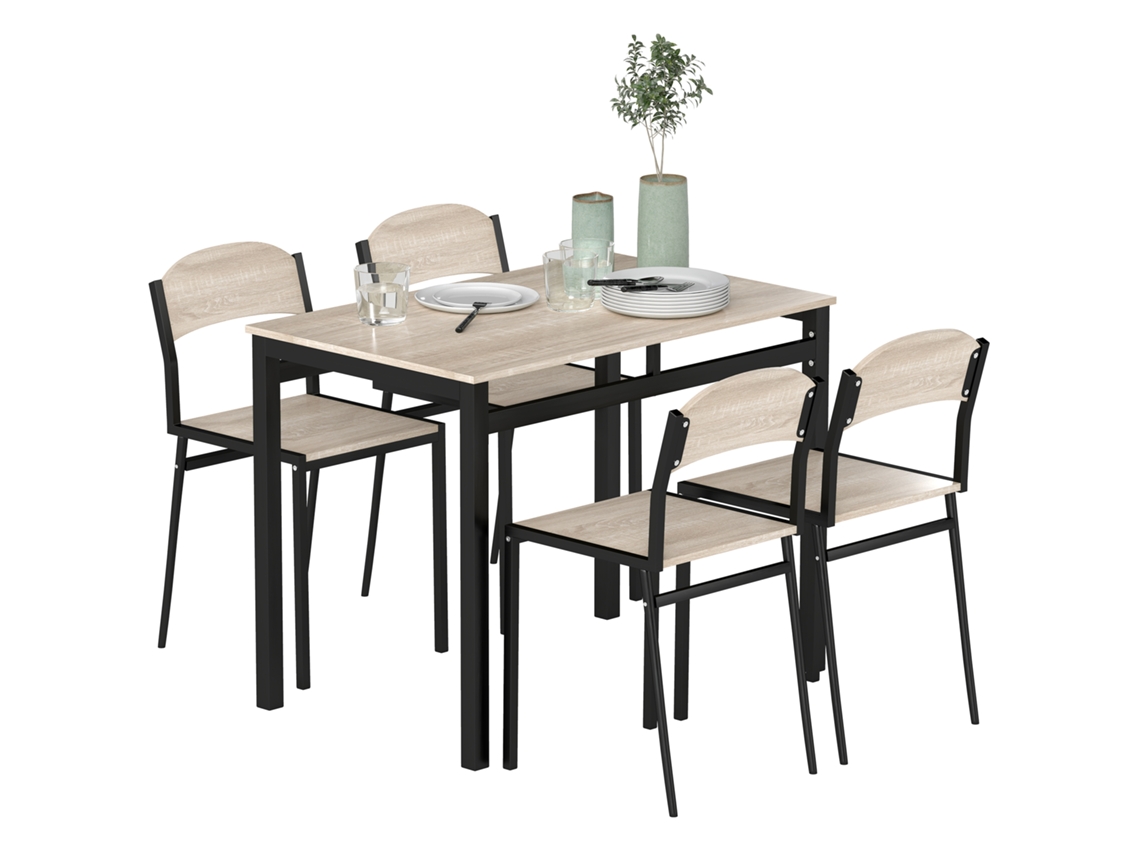 Conjunto de Jantar Mesa Retangular + 4 Cadeiras em Aço e MDF Preto e Carvalho | S/MARCA