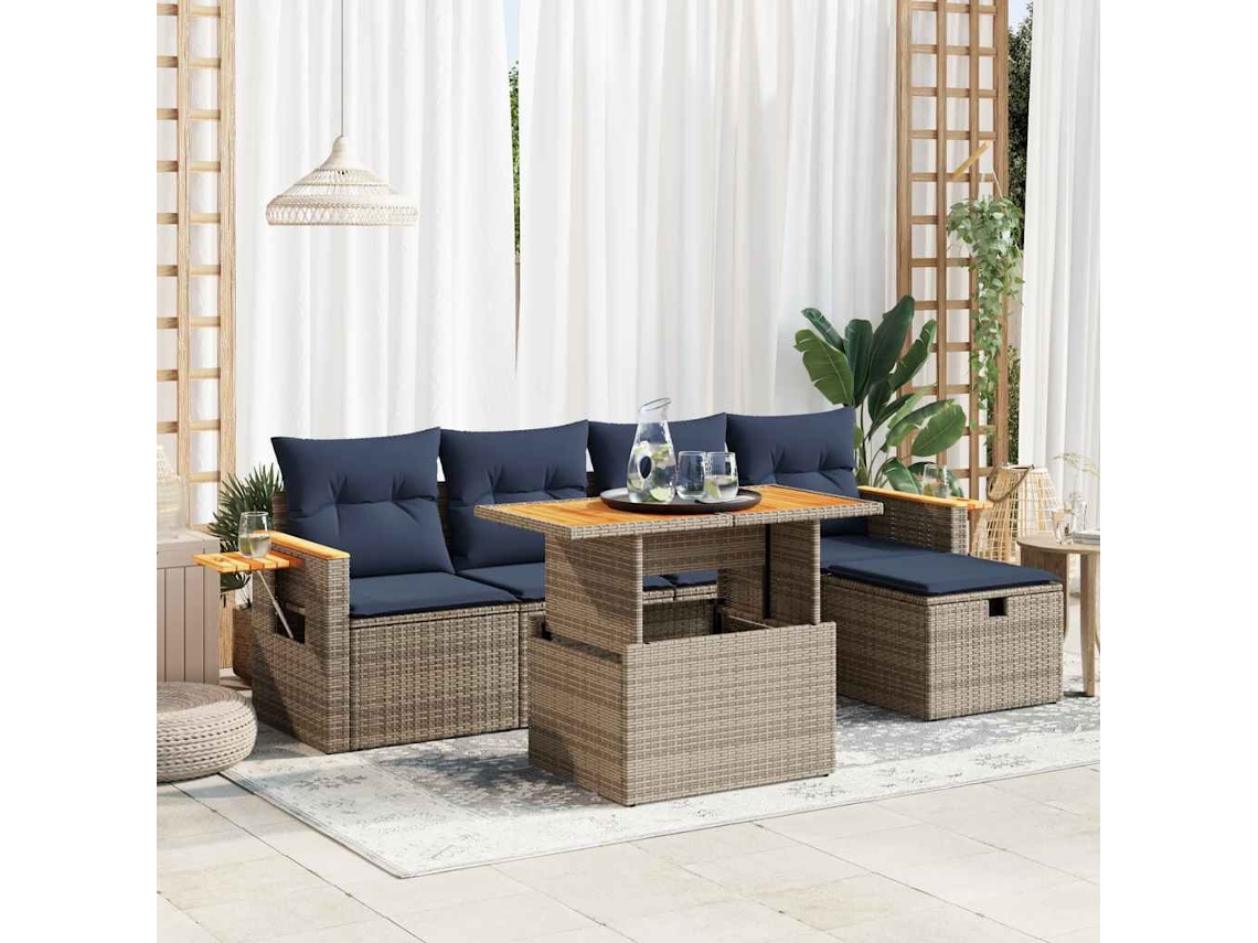 Vidaxl 6 Pcs Conjunto Sofás Jardim Com Almofadões Pe/acácia Cinzento