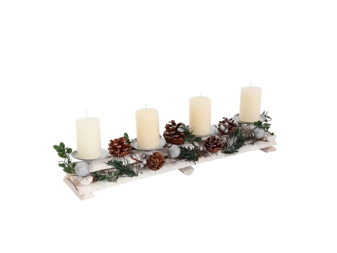 Composition De L'avent Avec 4 Bougies Blanches Couronne Décoration De Noël Bois Argent Blanc 18 X 49 X 13 Cm 04_0005770
