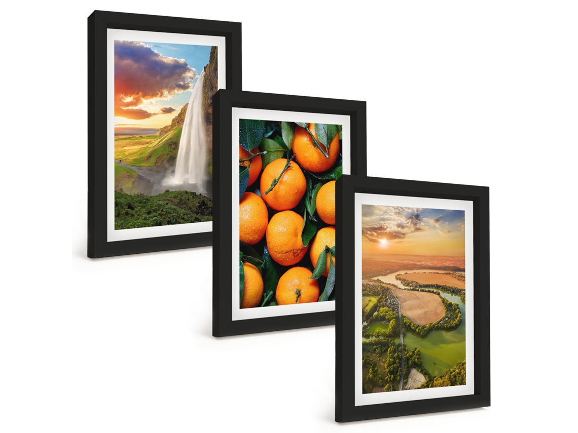 Composição De Quadros Na Parede Cachoeira, Montanhas, Laranjas Moldura Preta Quadros Para A Sala De Estar Espelharte (3 Peças 20x30 Cm)
