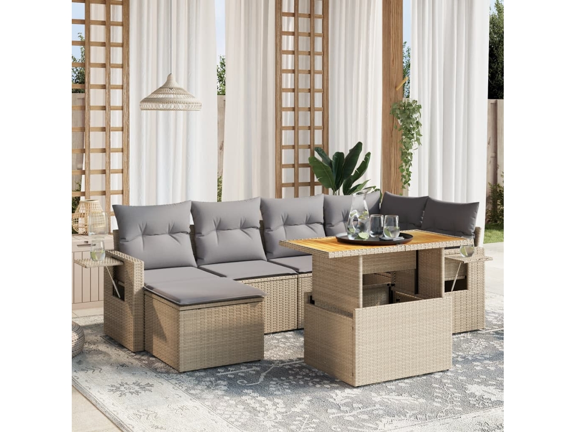 Vidaxl 7 Pcs Conjunto De Sofás P/ Jardim Com Almofadões Vime Pe Bege