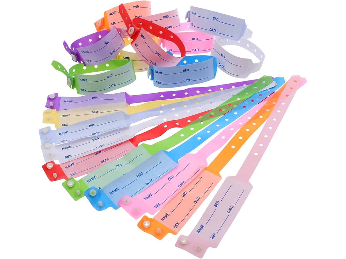 Pulseiras de identificação médica para pacientes hospitalizados, 100 unidades, design em PVC, ideais para cuidados médicos online.