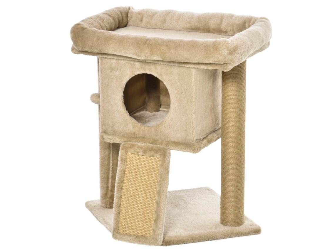 Árvore Arranhador Pequenos Com Poste De Juta Rampa Caverna E Bola Suspensa 40x40x57 Cm Areia