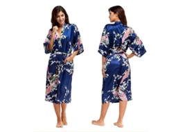 Roupa De Noite Kimono De Seda Saten Luxo Mulher Bata Longa Azul Escuro Rnzl L Azul Escuro