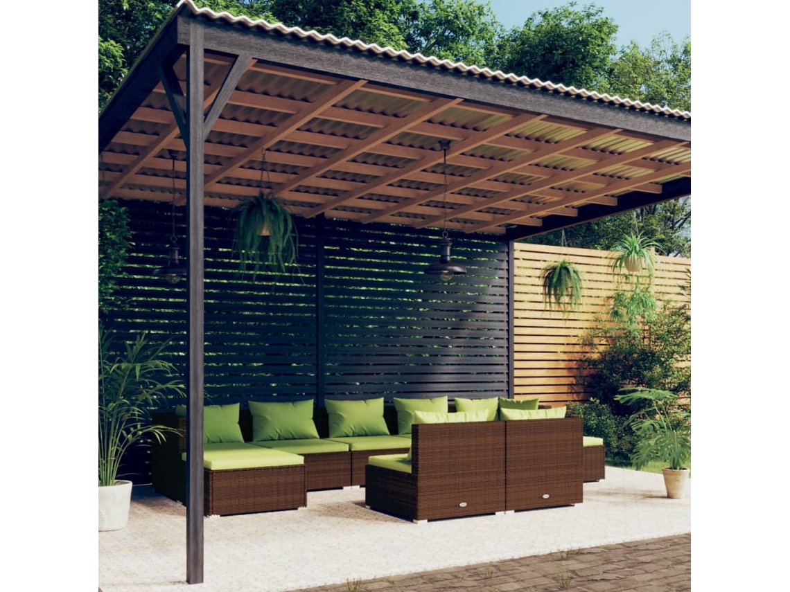 Conjunto Lounge 9 Peças Jardim C/ Almofadões Vime Pe Marrom Dkd Home Decor
