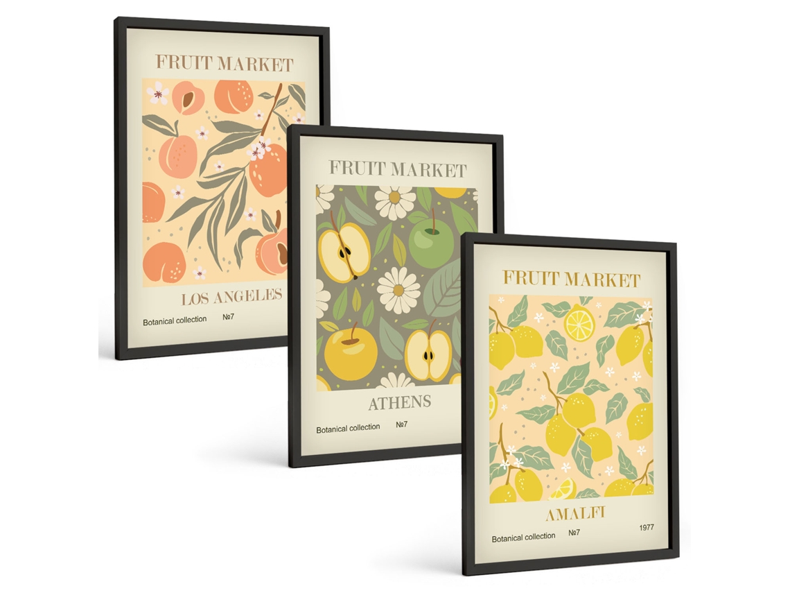 Um Conjunto De Imagens Decorativas Em Uma Moldura Estampas Retrô De Frutas Moldura Preta Fotos Para O Escritório Espelharte (3 Piezas De 40x60 Cm)