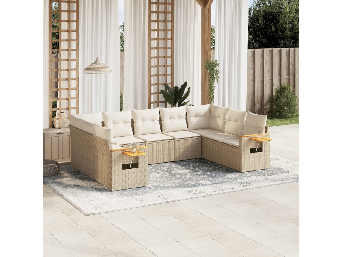 Vidaxl 9 Pcs Conjunto De Sofás P/ Jardim Com Almofadões Vime Pe Bege