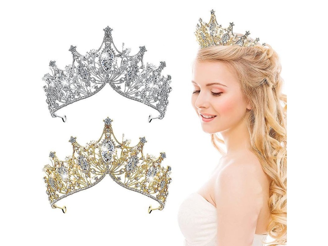 2 Coroas de Rainha Barroca, Tiara de Noiva e Bridesmaid com Strass e Cristal, Dourado e Prata