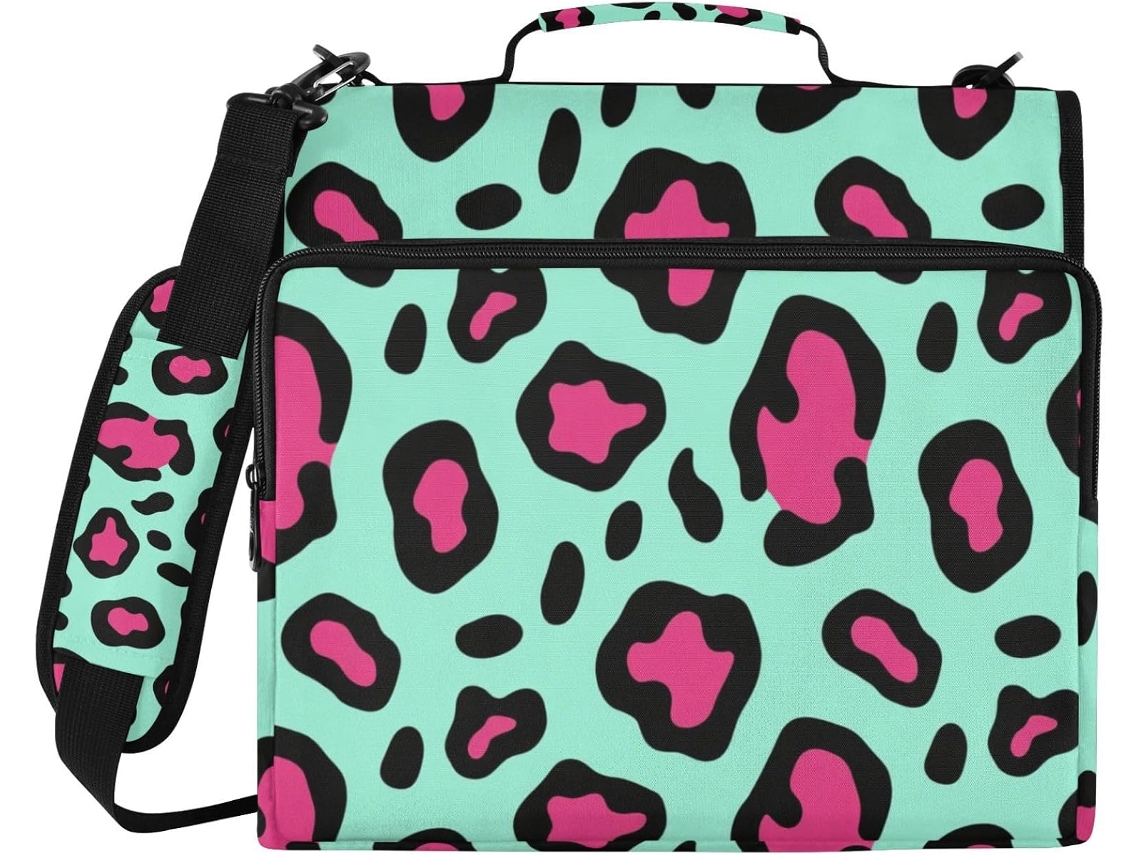 Bolsa com 3 argolas com estampa de leopardo, azul magenta, 3,8 cm, com zíper, alça de ombro e alça transversal, fácil de transportar.