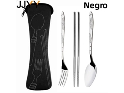 Conjunto de Talheres Portáteis de Aço Inoxidável com Padrão em Relevo e Bolsa para Viagem. MDUG (preto, 3 Peças)