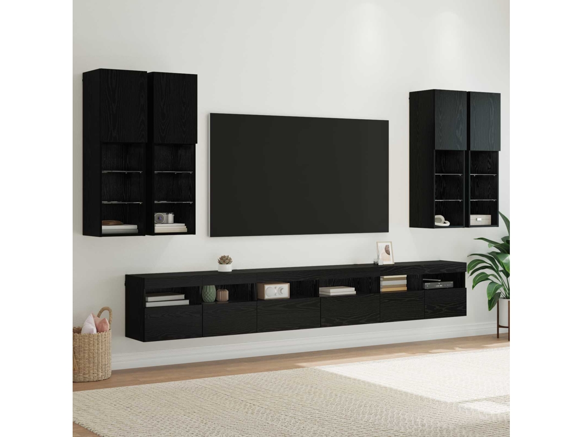 Vidaxl Conjunto De Gabinete De Parede Para Tv 7 Unid. Carvalho Preto