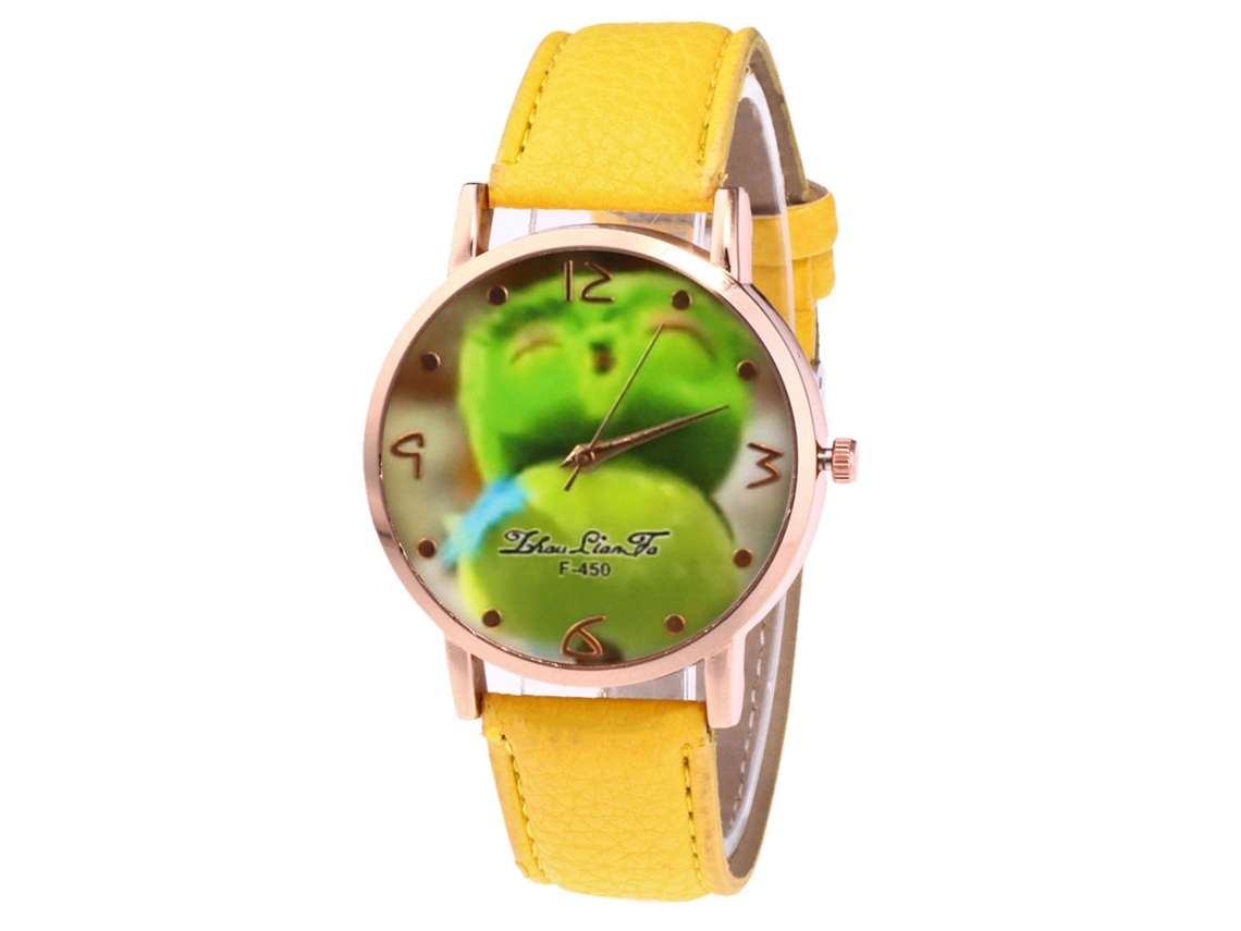 Relógio de quartzo unissex com pulseira de couro PU, mostrador com estampa de frutas, casual e moderno (amarelo)