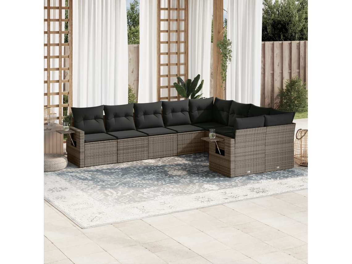 Vidaxl 9 Pcs Conjunto Sofás P/ Jardim Com Almofadões Vime Pe Cinzento