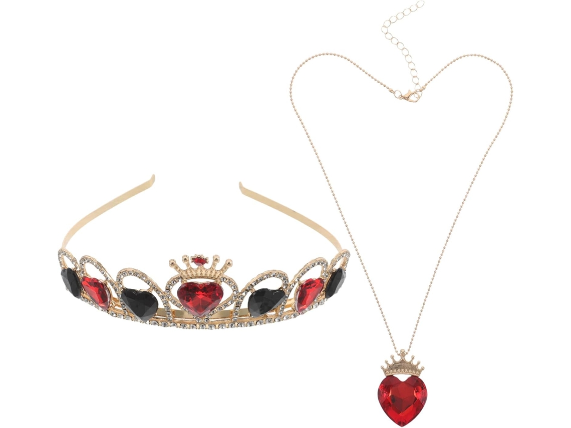 Tiara Coração Vermelho com Faixa Metálica e Vidro, Coroa de Princesa com Colar Combinando