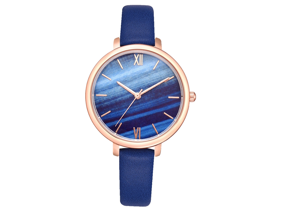 Relógio de quartzo unissex com pulseira elegante em couro PU e mostrador azul degradê.