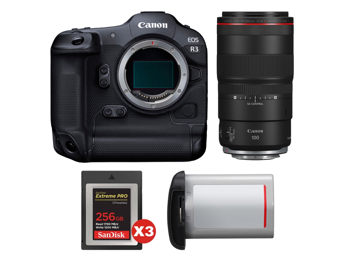 Eos R3 + Rf 100mm F/2.8 L Macro Is Usm + 3 Sandisk 256gb Extreme Pro Cfexpress Type B + Canon Lp e19 + Ebook Pricedirect CANON