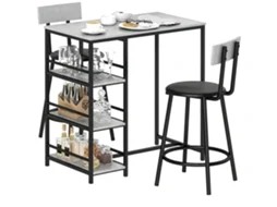 Conjunto de Mesa de Bar com 2 Banquetas, 3 Prateleiras, Cinza