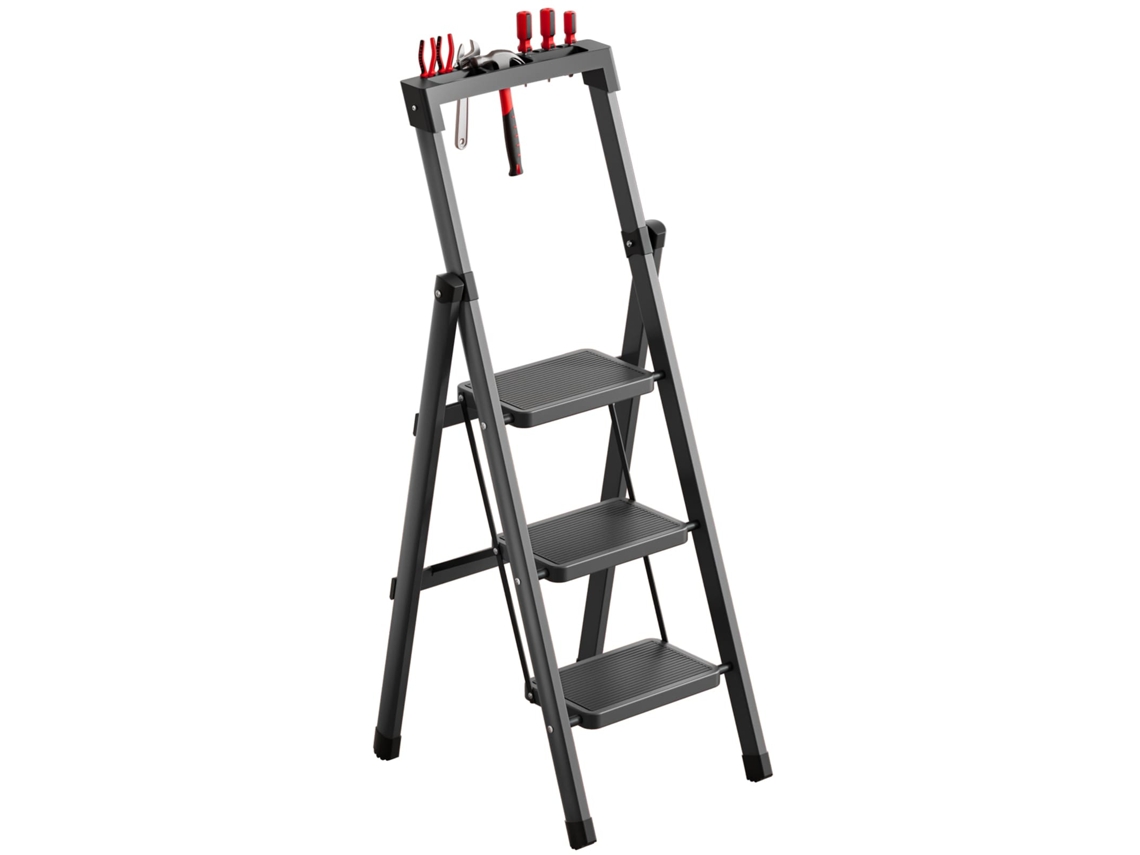 Escada Dobrável De 3 Degraus Com Punho Superior, Estrutura Em Aço Resistente, Capacidade De Carga 150kg, Pedais Largos Antiderrapantes