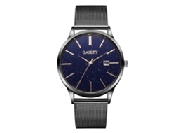 Relógio de pulso masculino casual e moderno em aço inoxidável com mecanismo de quartzo nas cores preto e dourado.