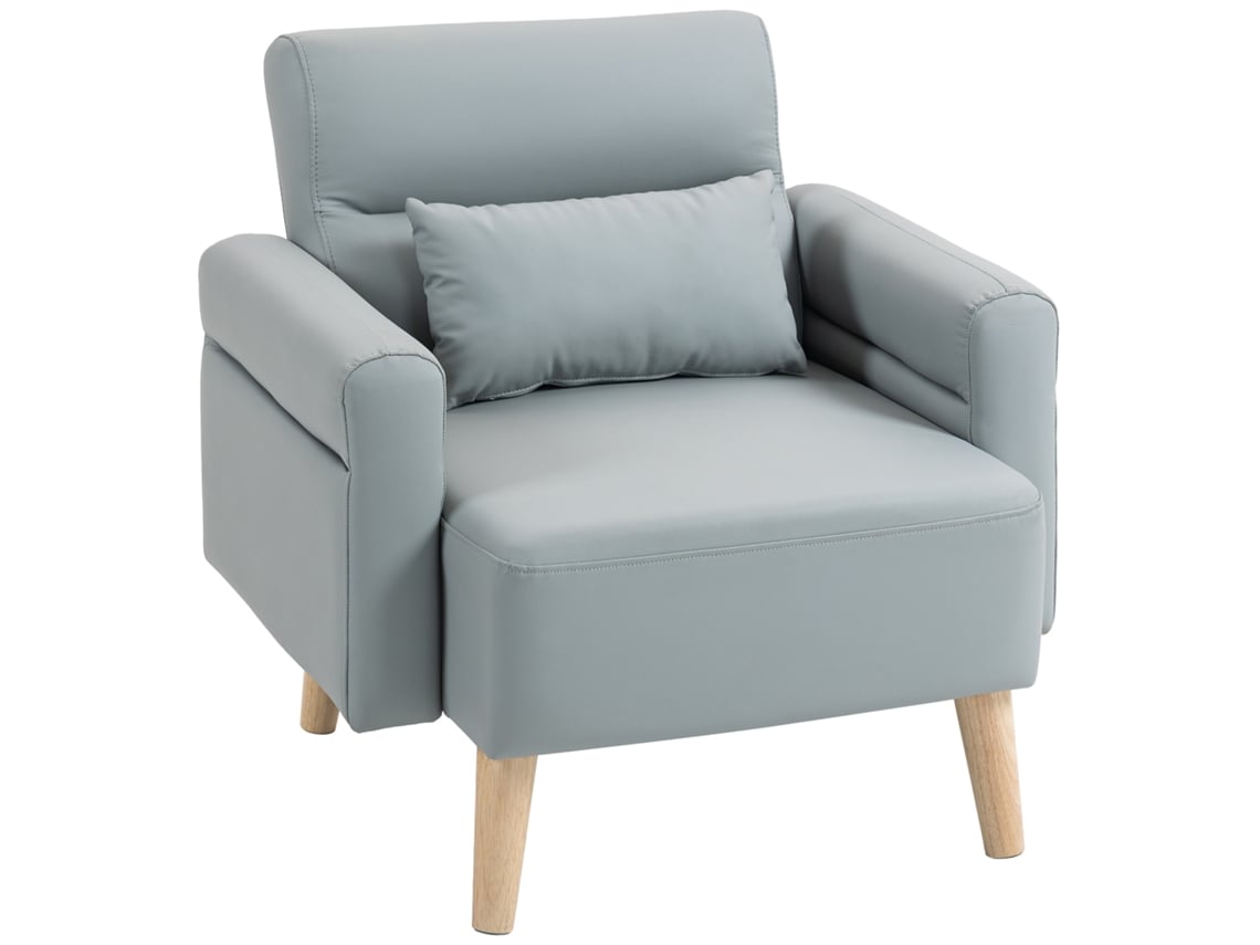 Poltrona Moderna Estofada em Couro Sintético com Apoios de Braço Acolchoados e Pés em Madeira 77x78x78 Cm Cinzento LAMAISON