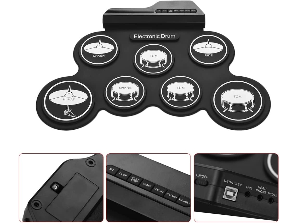 Kit Eletrônico Digital Compacto Em Silicone Enrolável Com Usb E 7 Pads Para Crianças E Iniciantes