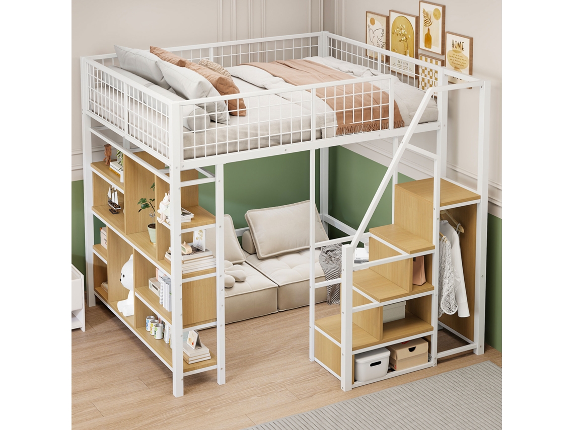 Cama Mezzanine Multifuncional De 140 X 200 Cm, Cama De Metal Com Armazenamento, Prateleiras E Escadas, Cama E Catre De Adulto, Branco-op