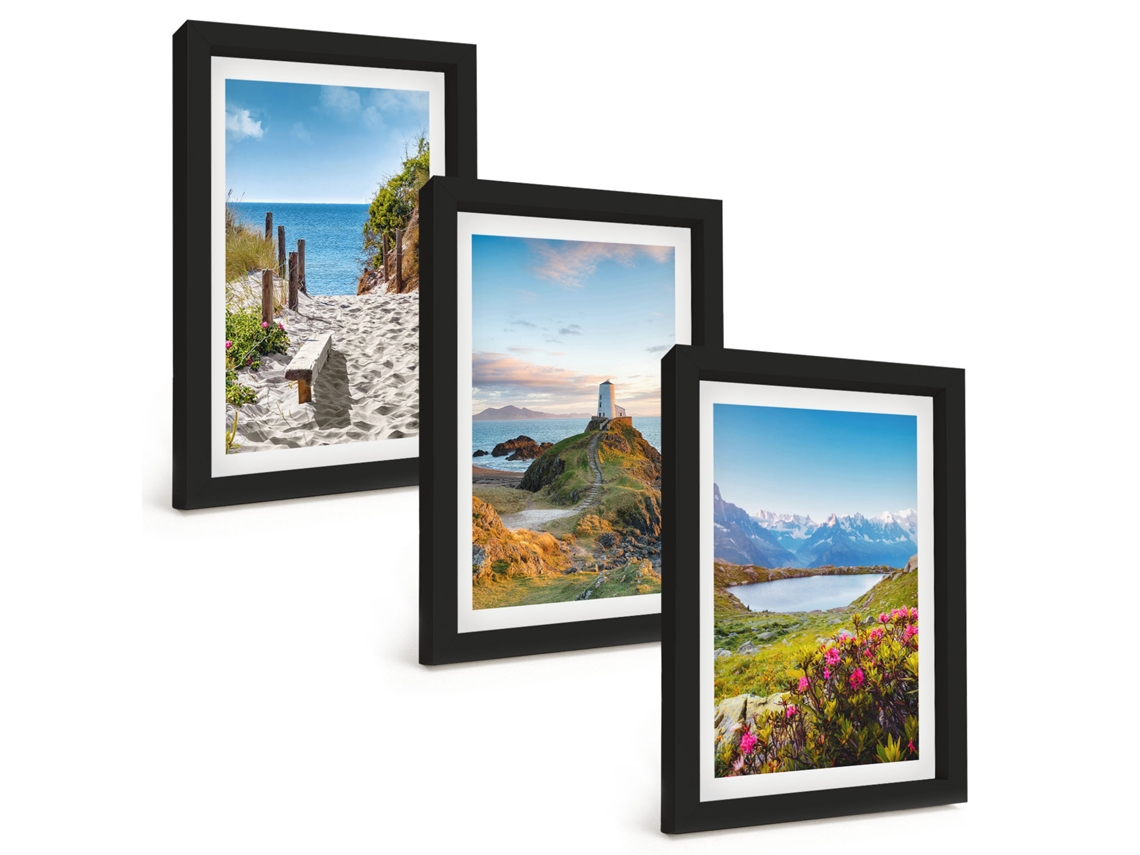 Composição De Quadrospraia, Farol, Montanhas, Flores Moldura Preta Imagens Para Um Quarto Infantil Espelharte (3 Peças 20x30 Cm)